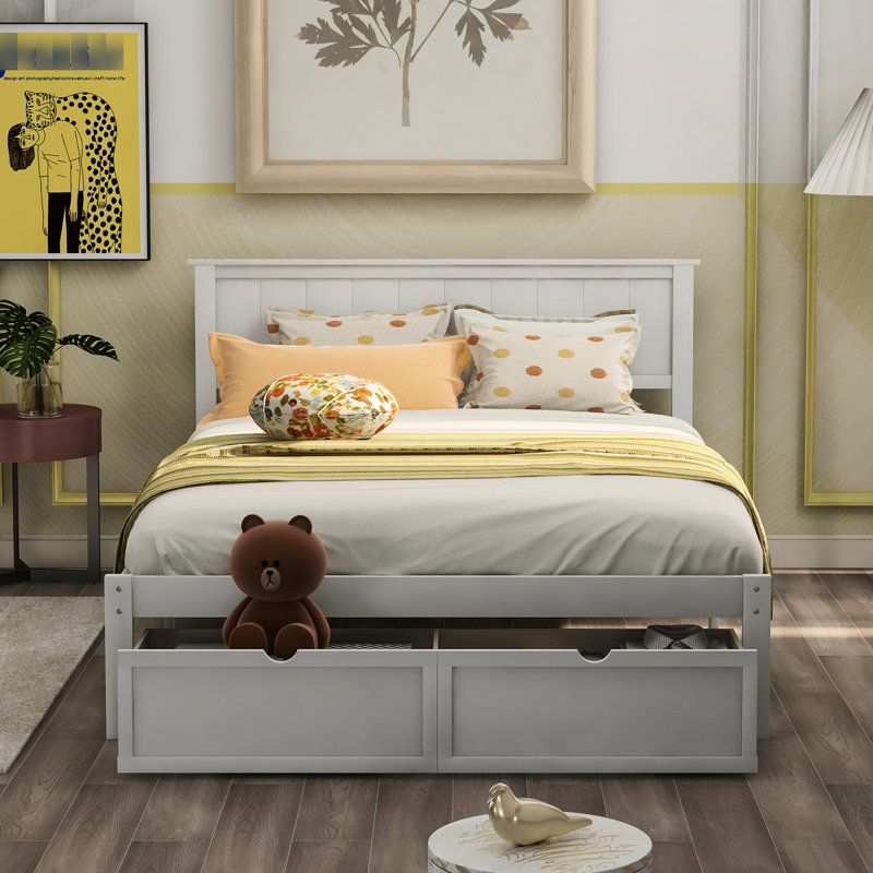 Lit plateforme blanc avec configurations sous les tiroirs pratiques - pin de qualité fabriquée et pour une chambre accessible pleine grandeur dans des tiroirs fonctionnels