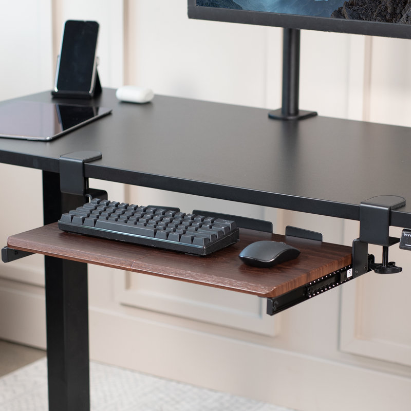 Dark Walnut Adjustable Clamp-On Keyboard Tray with Steel Frame
