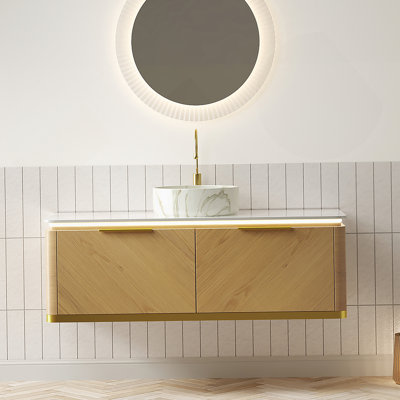 Meuble-lavabo de 48 po avec lavabo en contreplaqué flottant avec 2 tiroirs, capteur de lumière, vasque en céramique blanche à motif de pierre et plateau en pierre frittée, pré-assemblé, couleur grain de bois de chêne Corolla
