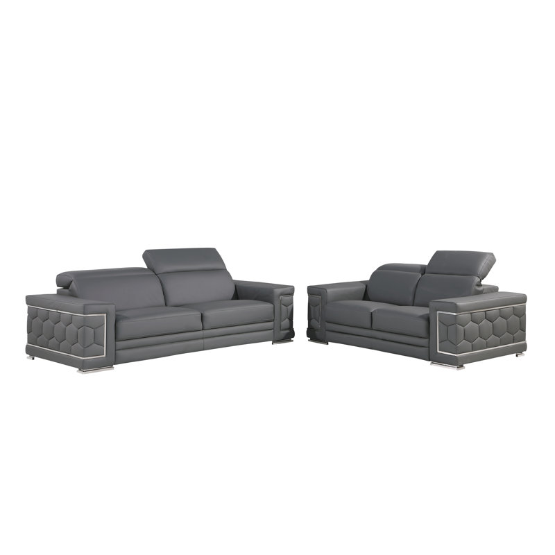 Ensemble de canapé en cuir véritable 2 pièces Charliee, Gris