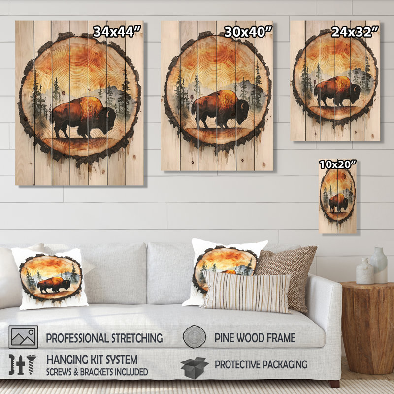 Bison américain «Into The Woods II» - Décoration murale en bois animal Buffalo - sur bois de pin naturel