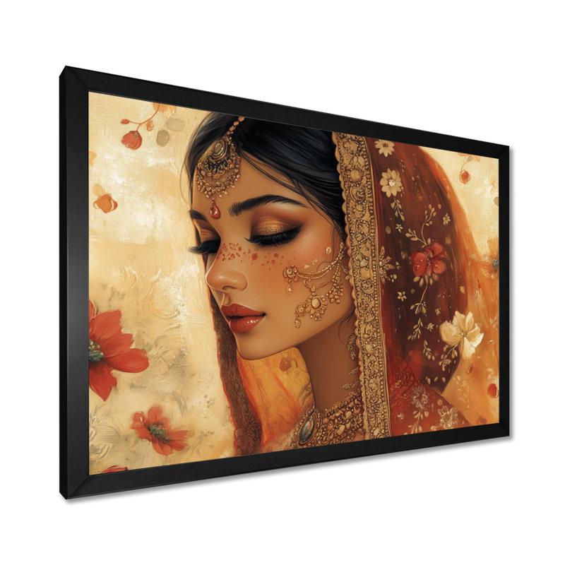 Mariée au henné et à l'or - Tableau encadré de style moghol, H 12 po x l 20 po, Black Picture Framed