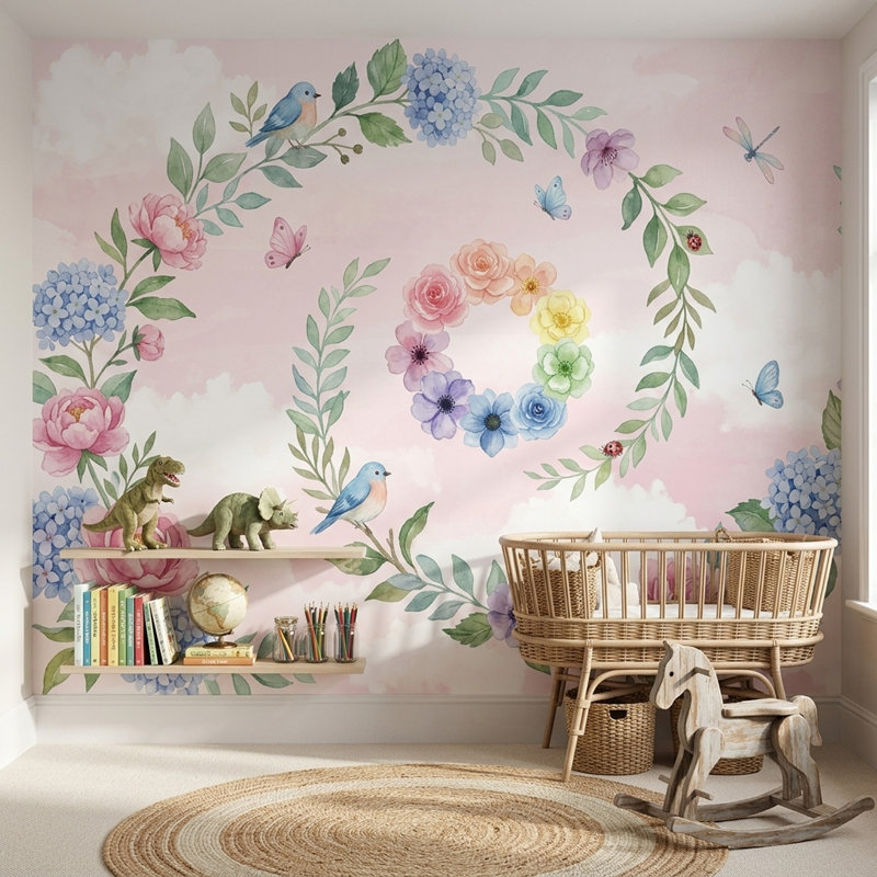 Papier peint couronne de fleurs, fond rose pastel, oiseaux, 160 po x 108 po, Texturé non collé