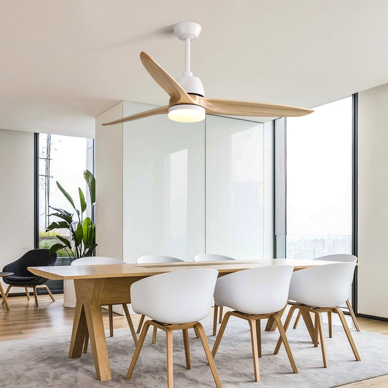 Kemp 56" 3-Solid Wood Blade Modern Propeller Ceiling Fan with Remote Control and LED Light Kit, White with Burlywood Blades