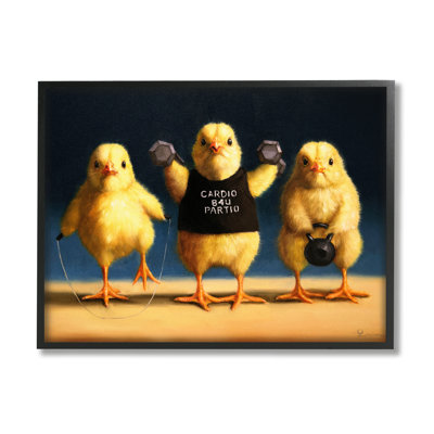Drôle d'exercice avec des poussins par Lucia Heffernan - Peinture sur bois avec cadre flottant