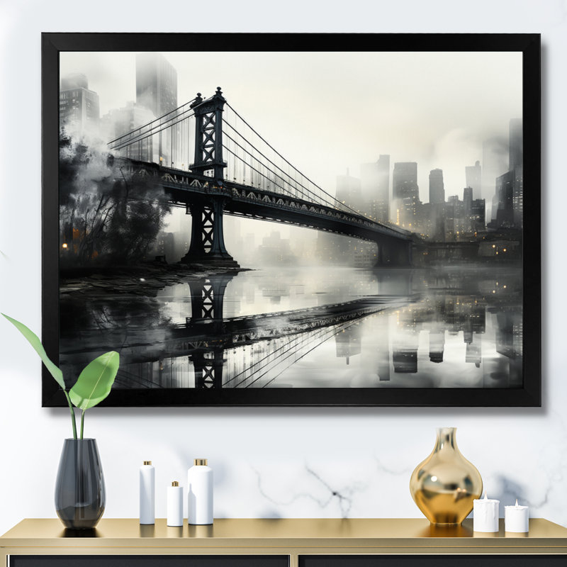 «Gray Bridge Urban Connection Charcoal I», reproduction d'art sur toile, H 34 po x l 44 po x P 1,5 po, Cadre photo noir