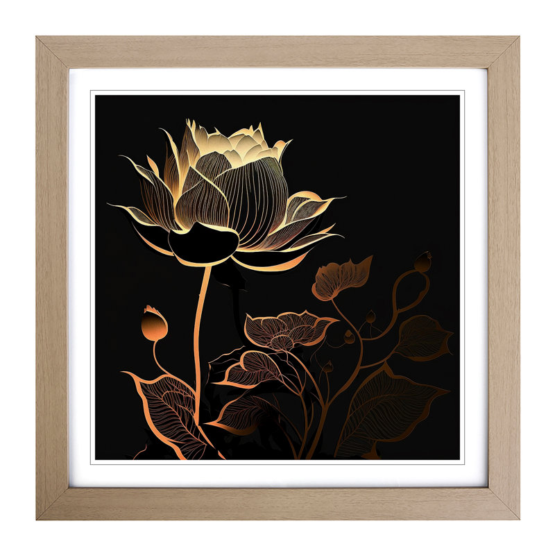Lotus Flower Silhouette - Single Picture Frame Print on Wood, Oak