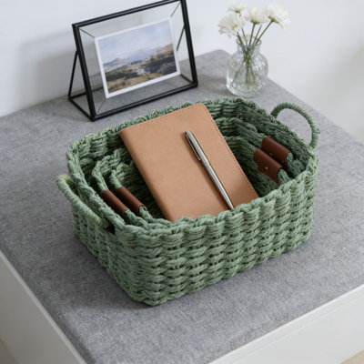 Ensemble de 3 paniers de rangement tissés à la main et respectueux de l'environnement avec corde en papier recyclé avec garniture en cuir végétalien