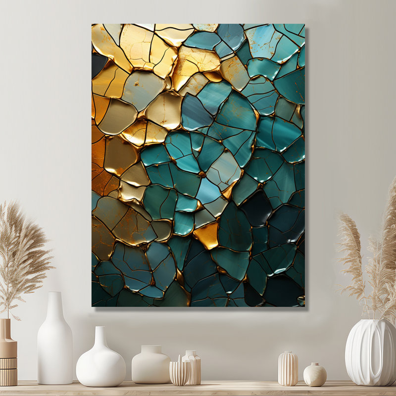 Abstrait bleu sarcelle or calcaire cristallin - marbre, art mural, H 44 po x l 34 po x P 1,5 po, Toile tendue