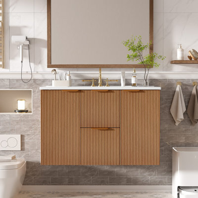 Meuble-lavabo simple avec comptoir en céramique, armoire en panneau de fibres à densité moyenne, portes à fermeture en douceur, tiroirs divisés, meuble-lavabo mural moderne