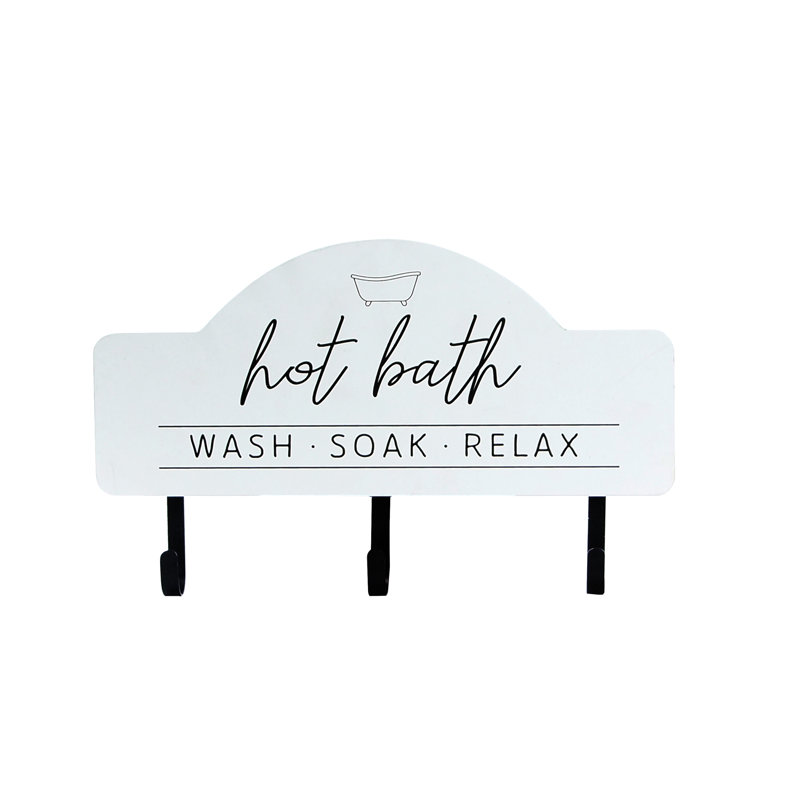 Enseigne de bain chaude blanche en bois avec 3 crochets 14 po.