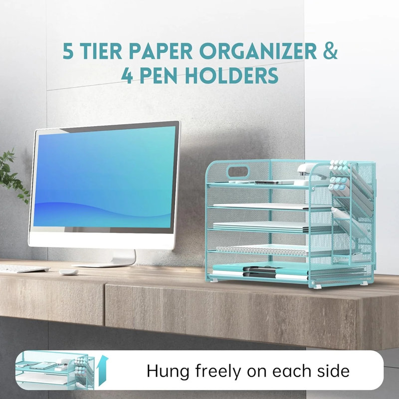 Organisateur de bureau en filet à 5 niveaux avec poignée et porte-stylos amovibles, Bleu