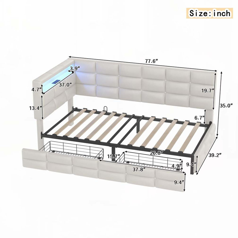 Storage 2 Drawers and Charging Station Upholstered aybed with LED Lights, Beige