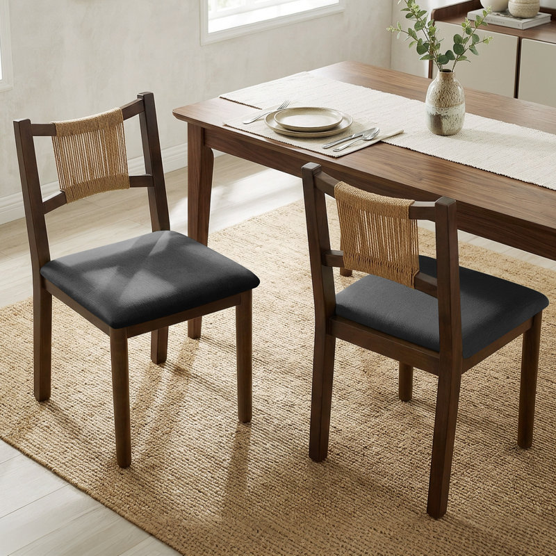 Hand-Woven Rope Dining Chair with Upholstered Seat, Noir