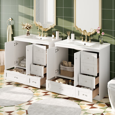Meuble-lavabo autoportant de 72 po de style Shaker avec lavabo en céramique, tiroirs à fermeture en douceur et portes à fermeture en douceur