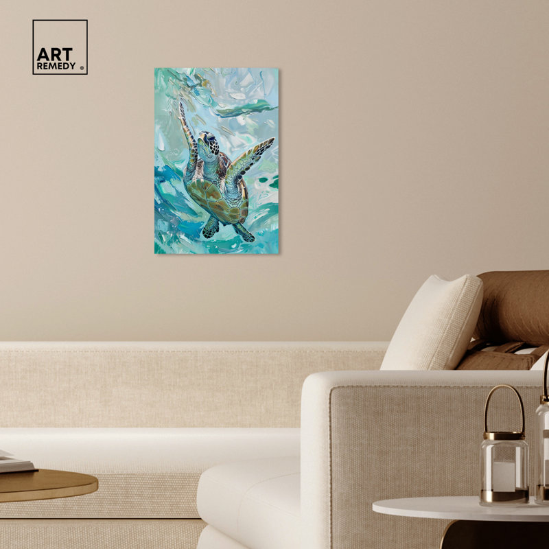 Art Remedy Serene Turtle Framed Colorful Coastal 1 Piece Canvas Wall Art 57715, 24" H x 16" W, Wrapped Canvas