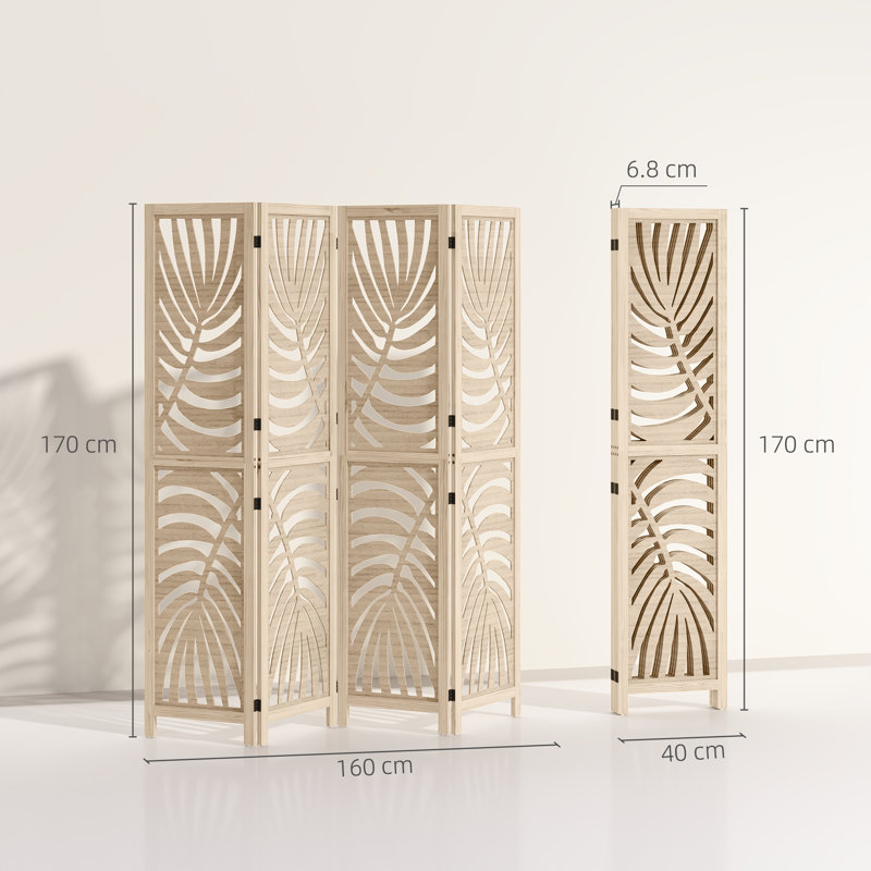 HOMCOM 4 Panel Privacy Screens with Palm Leaf Design, Natural Wood Finish