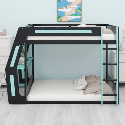 Gaming Bunk Bed With Side-Mounted Oversized RGB Desk, USB Charging Ports & Cable Grommet, LED Light Strip, Heavy-Duty Esports Loft Frame – Cool Design