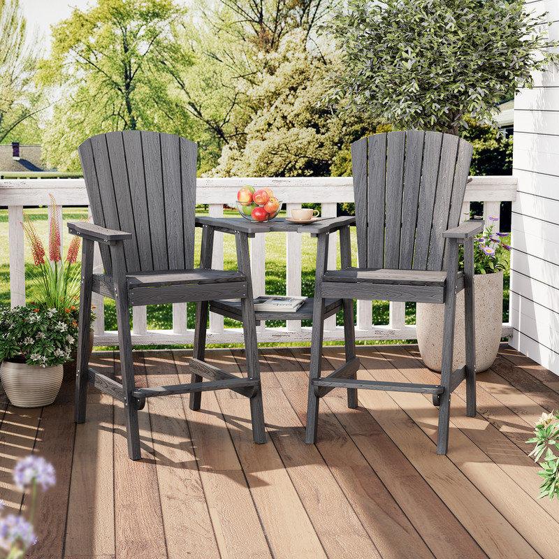 Davonia HDPE Tall Outdoor Adirondack Chair Set with DoubleRemovable Trays in Gray