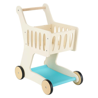 Chariot pour enfants, panier à jouets en bois avec rangement supplémentaire, nourriture de jeu réaliste et scanneur, chariot de jeu pour jouer à l'épicerie, trottinette pour bébé, 3 ans et plus