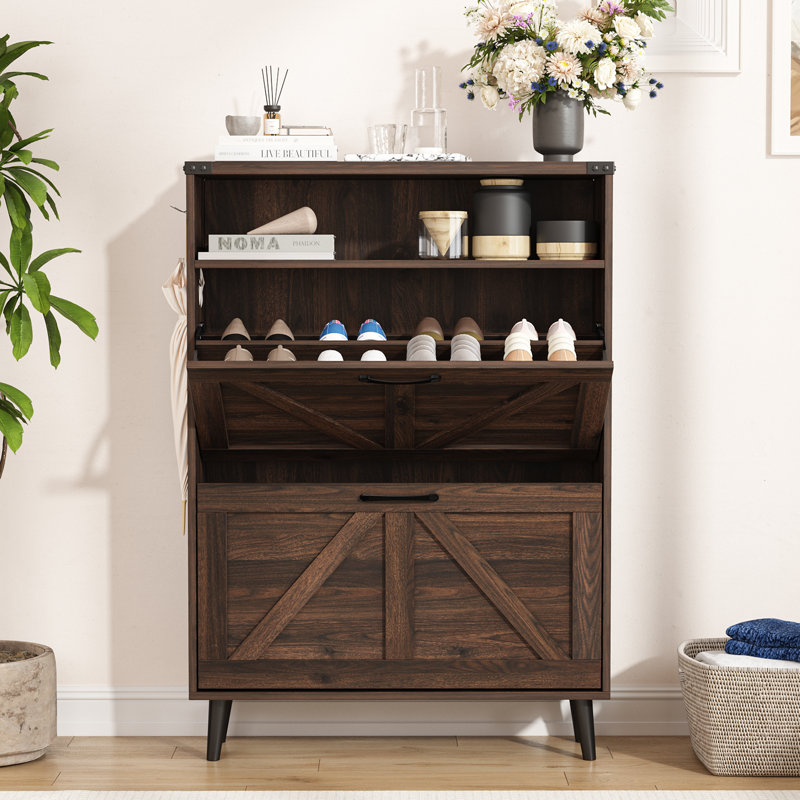 16-Pair Flip Drawer Shoe Storage Cabinet, Dark Brown Wood