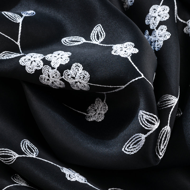 Bonilla Flowers Embroidered Floral Privacy Window Curtain, 54" W x 84" L, Black