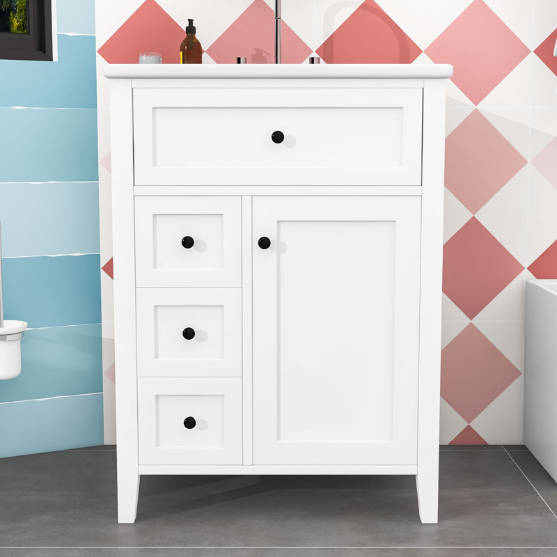 Meuble-lavabo en bois avec lavabo, tiroirs de rangement, tablettes et portes, Blanc
