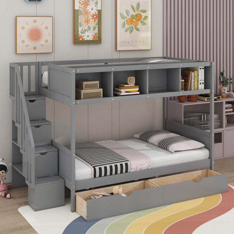 Lit superposé simple au-dessus de double avec tablettes, escalier de rangement et tiroirs, Gris