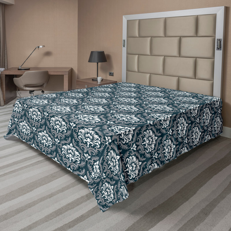 Ambesonne Top Flat Sheet Curving Art, Gray White Damask, King Flat Sheet