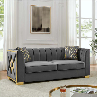 Velvet Button Tufted Sofa Couch With 2 Pillows, 3 Seater Luxury Chesterfield Sofa Set With Gold Stainless Steel Accents For Living Room