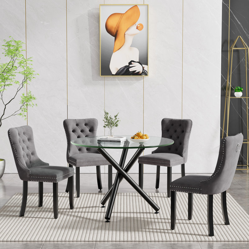 36" Glass Dining Room Table Set for 4, 5-Piece Round Black Dining Table with Metal Legs,  4pcs Velvet Upholstered Chairs with Wood Legs, Glass Kitchen Table and Chairs Set