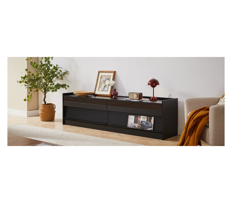 Modern Black TV Stand with LED Lighting, 4 Drawer Tempered Glass Entertainment Centre with Built-in Charging Ports and Ample Storage