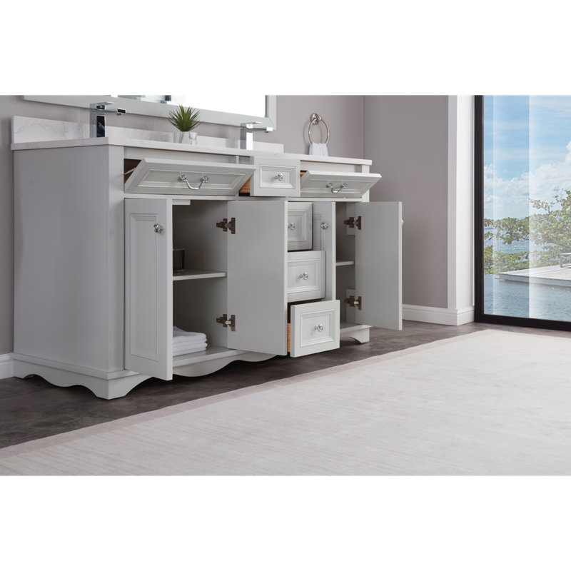 Meuble-lavabo double 60 po en bois massif avec plateau en pierre reconstituée 1 po, Brin argenté