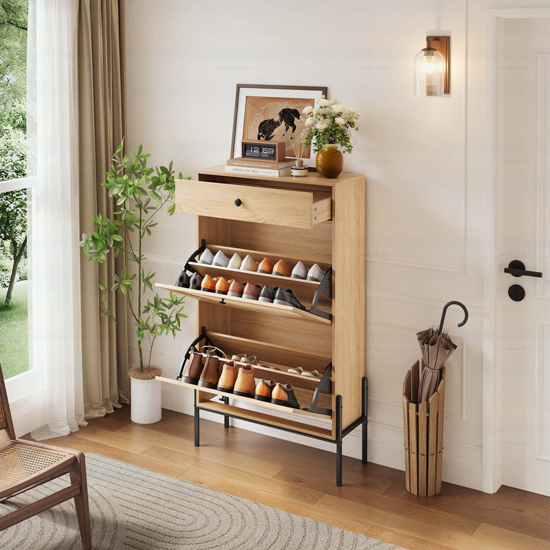 Armoire de rangement à chaussures 2 portes avec façades en rotin et tiroir
