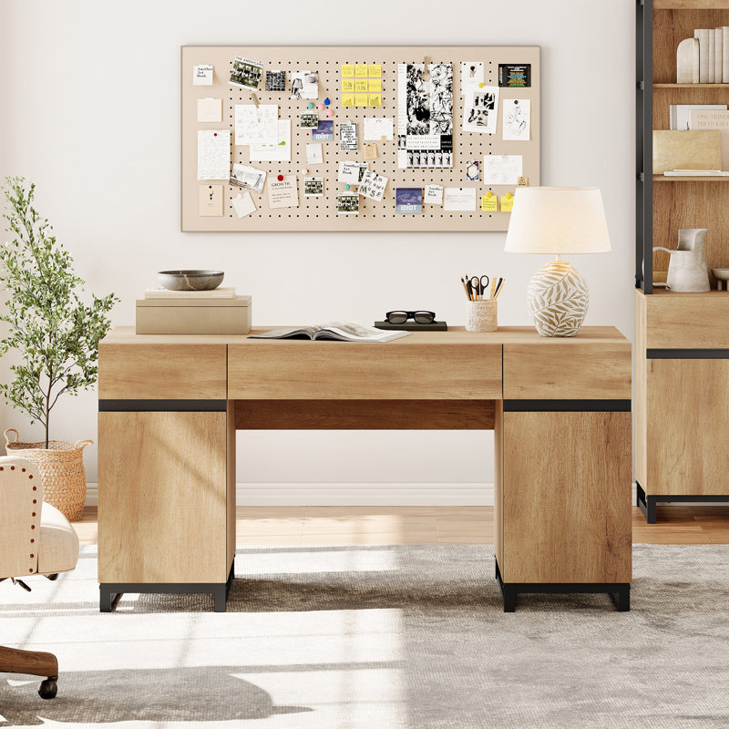  Home Office Furniture Set: 59In Modern Executive Desk With Charging Station And Drawers And Three 72In Tall Bookcases, Home Office Furniture For Living Room, Bedroom