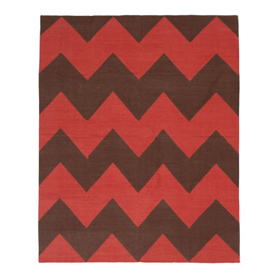 Red & Brown Chevron Dhurrie Cotton Rug - 10' x 14'6""