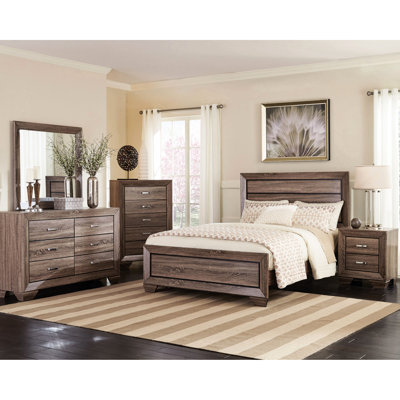 Grand lit 5 pièces, taupe délavé, bois d'ingénierie, rainures encastrées, commode incluse, finition taupe, bois franc, table de chevet