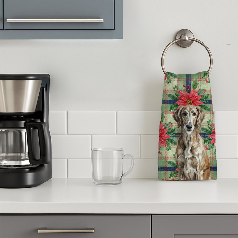 Brindle Scottish Deerhound Christmas PoinsettIas Kitchen Towel, Brindle Scottish Deerhound