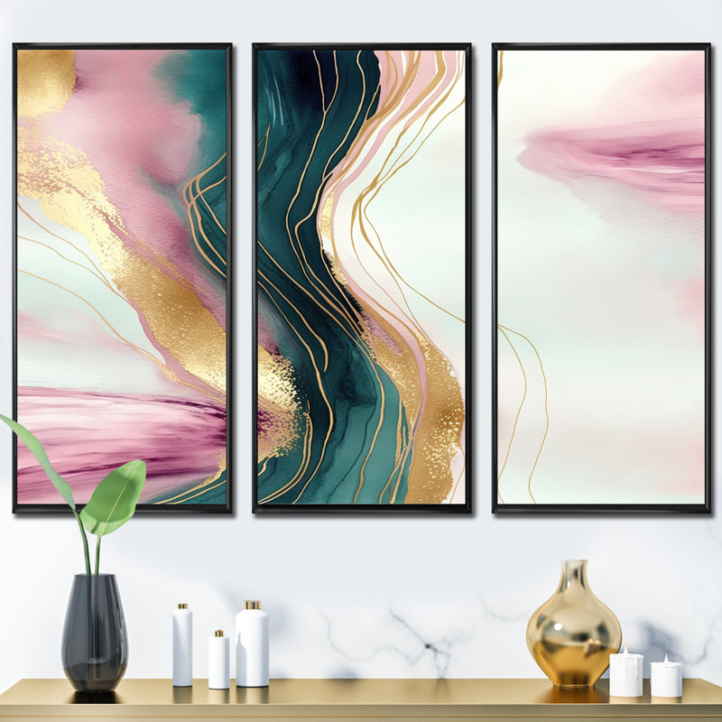 Géode abstraite, marbre rose et vert III, reproduction sur toile 3 pièces, Cadre flottant noir, H 28 po x l 36 po x P 1 po