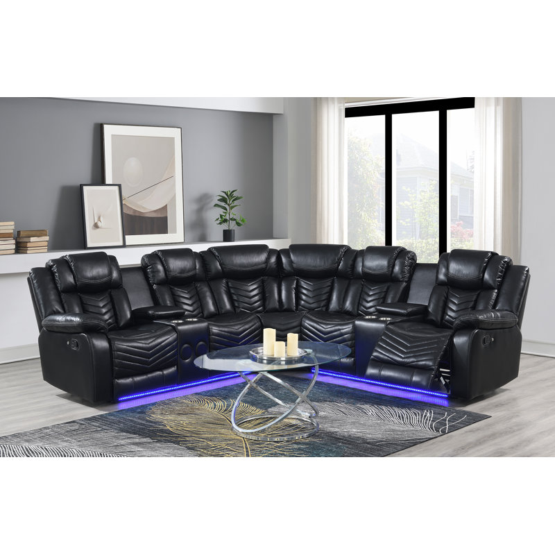 Canapé modulaire inclinable en cuir avec DEL et Bluetooth Aprea, Noir, L 100 po x P 100 po x H 41,5 po