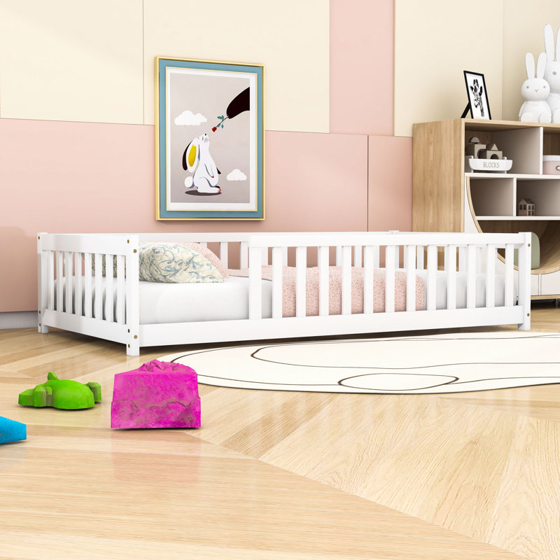 Twin Wooden Floor Bed With Guardrails And Slats, White