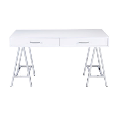 Bureau d'écriture rectangulaire avec 2 compartiments de rangement, blanc brillant, espace de travail en métal brillant