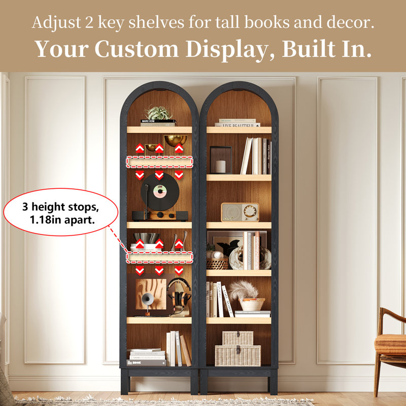 6-Tier Arched Storage Bookcase with 2 Adjustable Shelves,Wood Bookshelf Open Display Shelves for Living Room,Entryway,Bedroom,Rich Black and Light Honey,Assembly Require