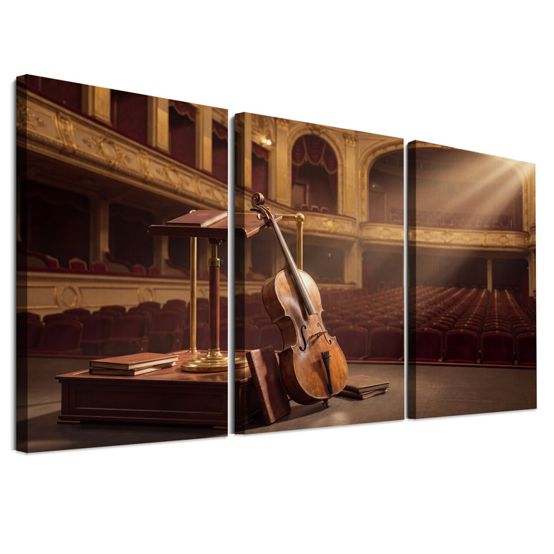 Cello, appuyé contre un pupitre, ensemble de 3 toiles d'art mural, H 24 po x l 16 po x 3 pièces