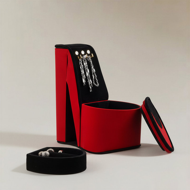 Red High Heel Jewellery Box with Hooks, Velvet Jewellery Storage Box