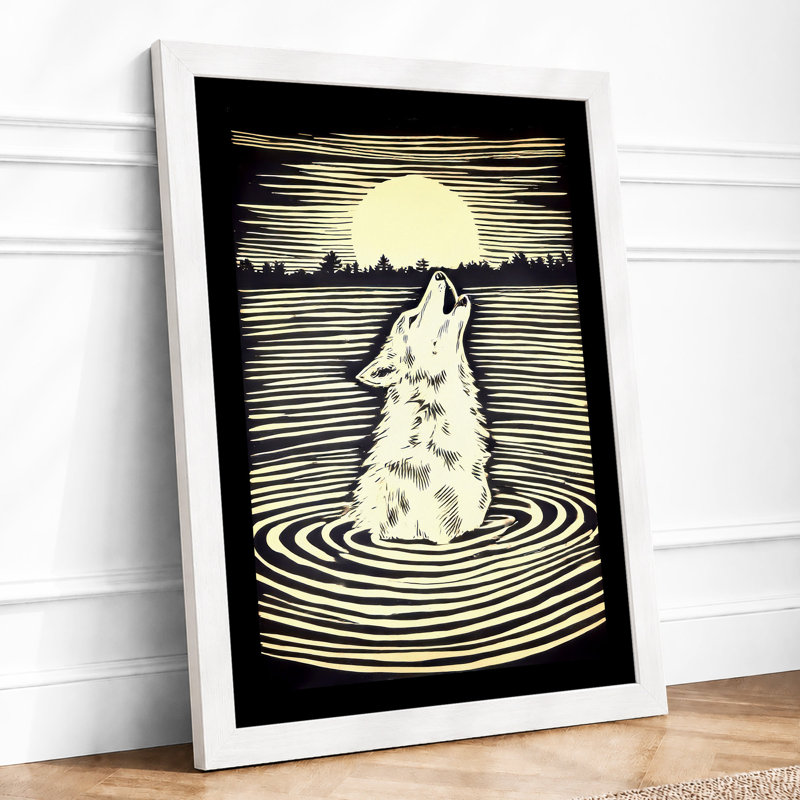 Howling Wolf In Moonlight Japandi - Print, A4 - 29.7 x 21.0 cm, White