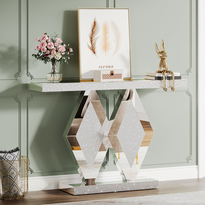 47.24" Mirrored Console Table With Acrylic Diamonds, Silver Sofa Table For Entryway