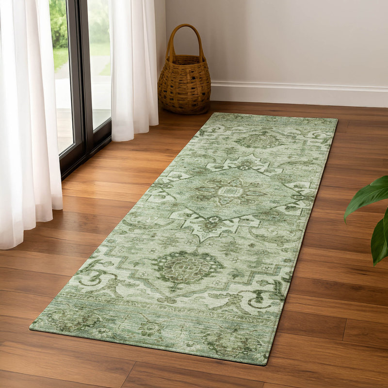 Premium Machine Washable Mayfield AMF2164 global Rug, Runner 2'3" x 7'6", Aloe