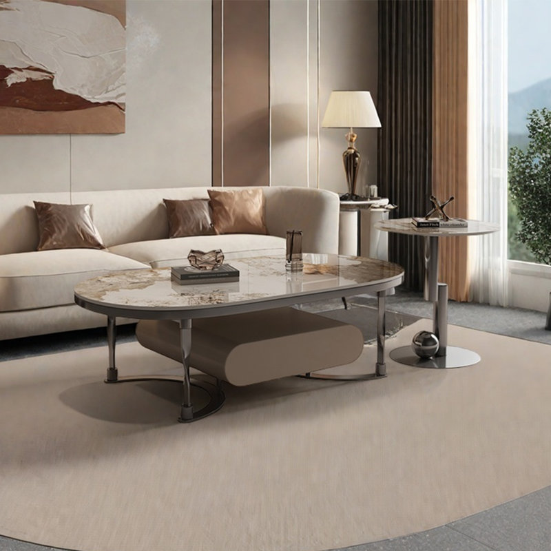 Modern simple oval rock plate coffee table, 16.5" H x 51.2" L x 27.6" W