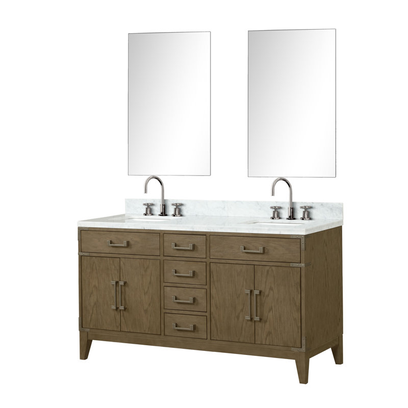 Laurel 60 in W x 22 in D Double Bath Vanity Mirrors with Faucet Set, White Carrara Marble, Grey Oak